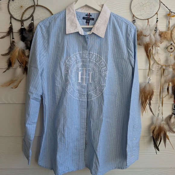 TOMMY HILFIGER Blue Striped Embroidered Logo Cotton Shirt - Picture 4 of 8